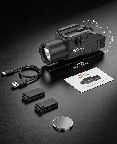 مصباح مسدس EZshoot 1,500 Lumen، مصباح أسلحة قابل لإعادة الشحن لجهاز Glock/1913 | ضوء البندقية، ضوء المسدس، 15500 شمعة، وضع ستروب، يناسب قضبان غلوك وبيكاتيني، شعاع أبيض ساطع، شحن USB سريع in Kuwait
