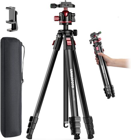 CAMBOFOTO 68" Travel Tripod for Camera Phone Camcorder, Ball Head, Aluminum | Portable Tripod Stand with Phone Holder & QR Plate, Compatible with iPhone Video Recording DSLR Mirrorless Film, Load 8.8lbs in Kuwait