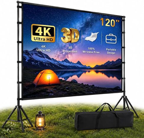120 Inch Projector Screen with Stand, Portable Outdoor Movie Screen 16:9 4K HD Wrinkle-Free Projection Screen, Lightweight Indoor Outdoor Projector Screen with Carry Bag for Backyard Movie Night in Saudi Arabia