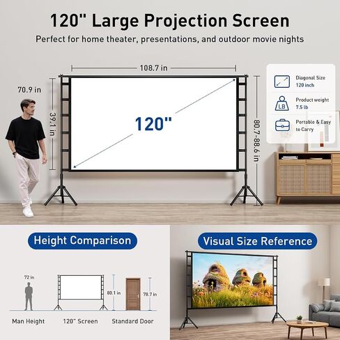 120 Inch Projector Screen with Stand, Portable Outdoor Movie Screen 16:9 4K HD Wrinkle-Free Projection Screen, Lightweight Indoor Outdoor Projector Screen with Carry Bag for Backyard Movie Night in Saudi Arabia