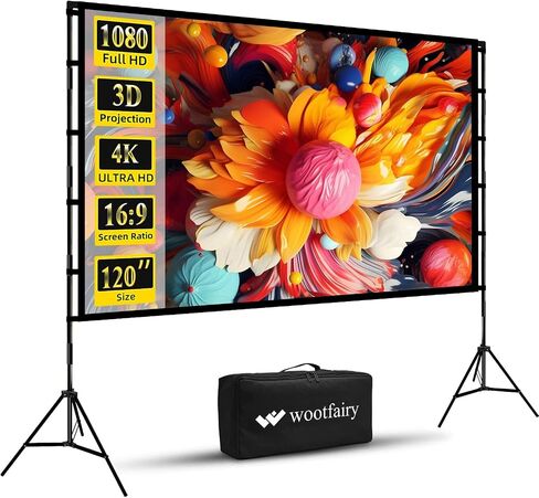 Wootfairy 120inch Projector Screen and Stand Indoor Outdoor Movie Screen | Portable Washable Foldable Wrinkle-Free 16:9 4K HD Rear Front Projection with Carry Bag for Home Theater Backyard Watch Party in Saudi Arabia