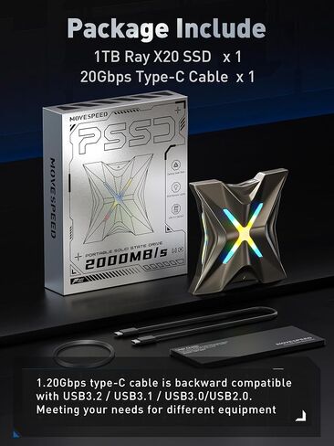 MOVE SPEED محرك أقراص SSD خارجي محمول مغناطيسي سعة 1 تيرابايت - 2000 ميجابايت/ثانية USB-C 3.2x2، محرك أقراص محمول متوافق مع PS5/PC/الهاتف الذكي، وحدة تخزين متينة مدمجة للاعبين والمبدعين in Kuwait