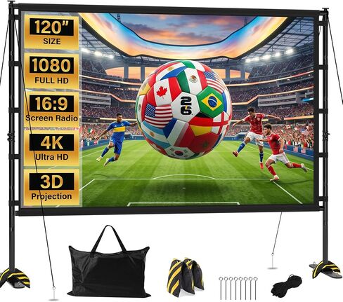 Outdoor Projector Screen with Stand 120 Inch, 16:9 Portable 4K HD Indoor Movie Screen, Large Double-Sided Washable Screen with Carry Bag, Sandbags for Backyard, Camping, Home Theater in Saudi Arabia