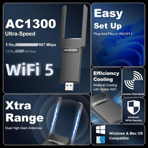 NEWFAST AC1300 USB WiFi Adapter for Desktop PC U327, 2.4G/5G Dual Band Wireless Network Transceiver Adapter with Dual Antennas, Wireless WiFi Adapter Dongle Compatible Windows 8/8.1/10/11 in Saudi Arabia