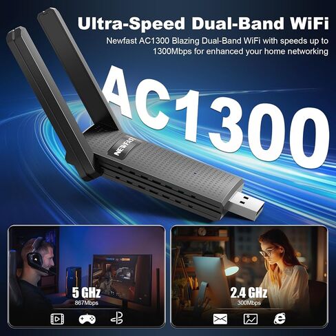 NEWFAST AC1300 USB WiFi Adapter for Desktop PC U327, 2.4G/5G Dual Band Wireless Network Transceiver Adapter with Dual Antennas, Wireless WiFi Adapter Dongle Compatible Windows 8/8.1/10/11 in Saudi Arabia