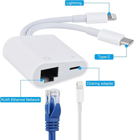 Lightning and USB C to Ethernet Adapter,2 in 1 RJ45 Ethernet LAN Network Adapter with Charge Port Compatible with iPhone/iPad/iPod/Samsung and More,Supports 100Mbps Plug and Play in Saudi Arabia