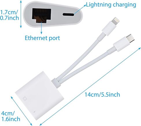Lightning and USB C to Ethernet Adapter,2 in 1 RJ45 Ethernet LAN Network Adapter with Charge Port Compatible with iPhone/iPad/iPod/Samsung and More,Supports 100Mbps Plug and Play in Kuwait