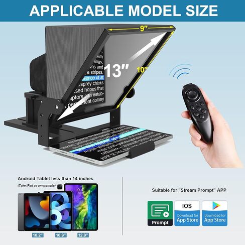 13" Wide-Angle Teleprompter for Camera with Remote & App Support | Adjustable Height & Angle, Aluminum Alloy, Compatible with DSLR Cameras & Tablet, Live Streaming & Online Presentations in Saudi Arabia