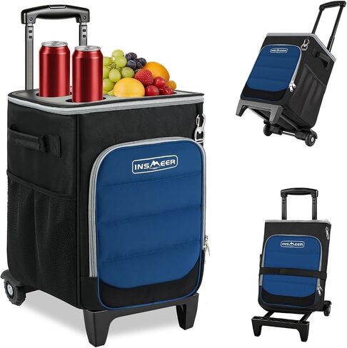 INSMEER 2-in-1 Rolling Cooler with Wheels, 60 Cans Collapsible Soft Sided Cooler on Wheels, Hard Top with 2 Cup Holders, Insulated 100% Leakproof Wheeled Cooler Bag for Beach Camping Outdoor in Saudi Arabia