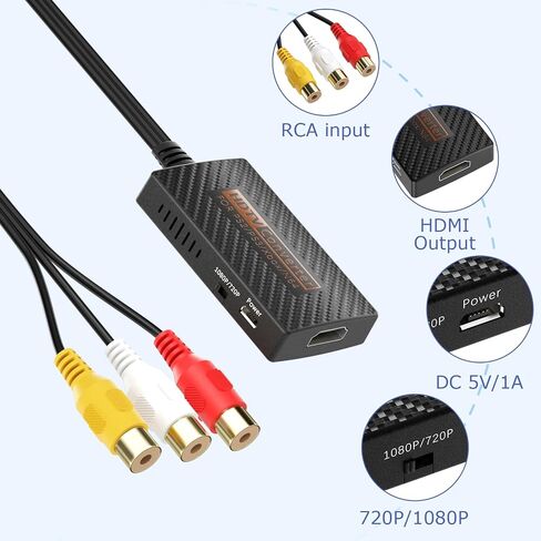 RCA to HDMI Converter, Composite AV to HDMI Converter Support 1080P with HDMI Cable for Xbox/Wii/PS1/PS2/PS3/GameCube/N64/VHS/VCR/DVD Players in Kuwait