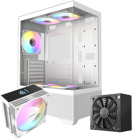 Raidmax i802 Vibe Series ATX Mid Tower Gaming Case Bundle – Tempered Glass Side Panel, Includes 700W 80+ Power Supply, AM1204 Digital Display Air Cooler, and 5 Pre-Installed FRGB Fans (Black) in Saudi Arabia