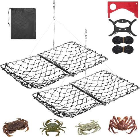 2 Set Castable Crab Trap Kit, Foldable Crab Snare with Rope, Gauge and Storage Bag for Dungeness, Fish, Blue Crabs & Lobster, Crabbing Equipment for Pier, Jetty & Surf Fishing in Saudi Arabia