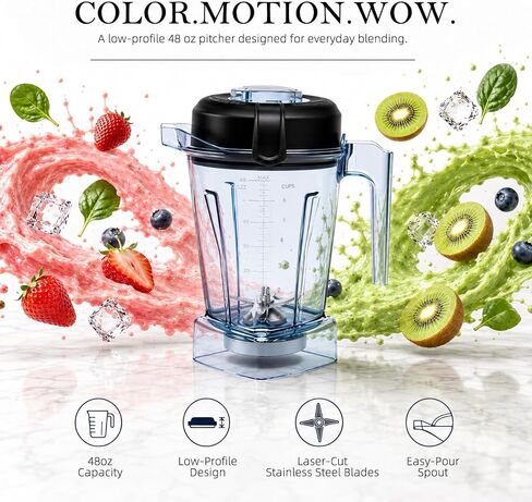 48oz Low Profile Blender Pitcher Compatible with Vitamix 5200 5300 750 7500 5000 6300 E310 E320, Replacement Container with Upgraded Stainless Steel Blades, Fits Classic & Explorian Series in Saudi Arabia