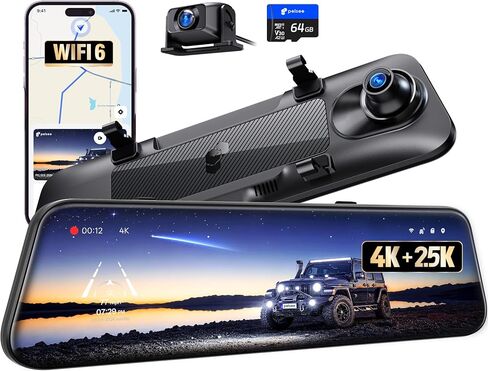 Pelsee S12 Native 4K + 2.5K Mirror Dash Cam, 64GB Card Included, GPS | 8MP Starlit Color Night Vision, Rear View Mirror Camera w/ WiFi 6, 12" Touch Screen, Backup Assist for Cars Trucks Vans RVs in Kuwait