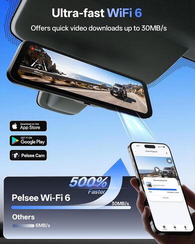 Pelsee S12 Native 4K + 2.5K Mirror Dash Cam, 64GB Card Included, GPS | 8MP Starlit Color Night Vision, Rear View Mirror Camera w/ WiFi 6, 12" Touch Screen, Backup Assist for Cars Trucks Vans RVs in Kuwait