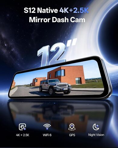 Pelsee S12 Native 4K + 2.5K Mirror Dash Cam, 64GB Card Included, GPS | 8MP Starlit Color Night Vision, Rear View Mirror Camera w/ WiFi 6, 12" Touch Screen, Backup Assist for Cars Trucks Vans RVs in Kuwait
