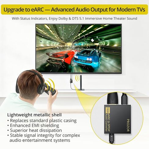 PROZOR HDMI eARC/ARC to Optical Audio Adapter, eARC Audio Extractor | Supports PCM 2.0, Dolby 5.1, DTS 5.1 Audio Formats, eARC Audio Extractor for TV to Soundbar Amplifier Home Theater in Kuwait