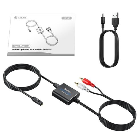 eSynic 192KHZ Optical to RCA Adapter Support Dolby AC-3 DTS 5.1ch Decoding | USB Power-7ft/2.1m Cable Long SPDIF to RCA Converter-Built-in DAC Amplifier Chip-Just Plug & Play for HDTV/DVD/Game Console in Kuwait