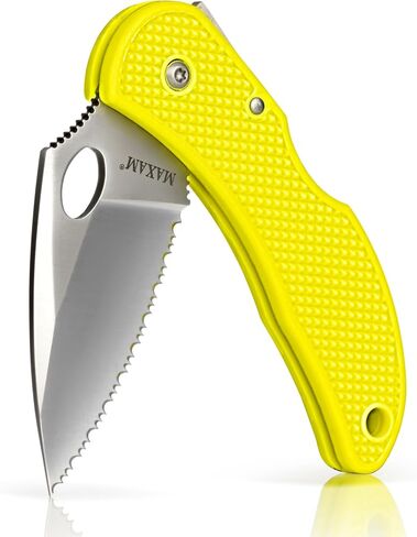 Maxam 3.3" Saltwater Knife - Rust-Proof German Stainless Steel Serrated Blade with Bright Yellow Handle, Reversible Pocket Clip, Lanyard Hole - Ideal for Salt & Fresh Water, Fishing Outdoor Use in Saudi Arabia