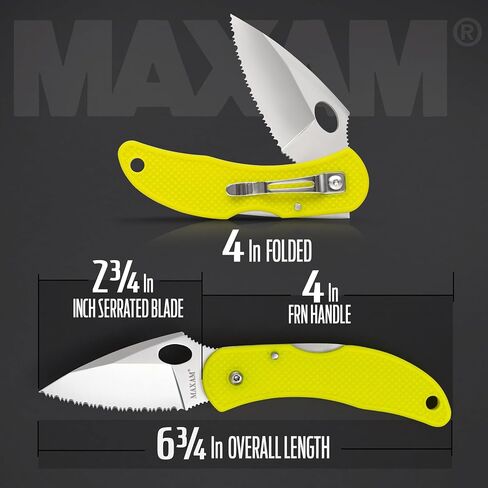 Maxam 3.3" Saltwater Knife - Rust-Proof German Stainless Steel Serrated Blade with Bright Yellow Handle, Reversible Pocket Clip, Lanyard Hole - Ideal for Salt & Fresh Water, Fishing Outdoor Use in Saudi Arabia