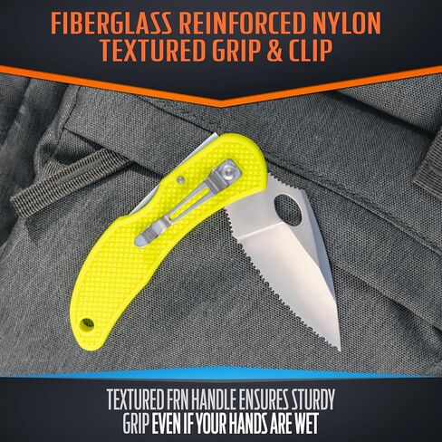 Maxam 3.3" Saltwater Knife - Rust-Proof German Stainless Steel Serrated Blade with Bright Yellow Handle, Reversible Pocket Clip, Lanyard Hole - Ideal for Salt & Fresh Water, Fishing Outdoor Use in Saudi Arabia