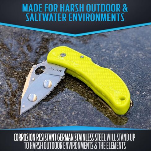Maxam 3.3" Saltwater Knife - Rust-Proof German Stainless Steel Serrated Blade with Bright Yellow Handle, Reversible Pocket Clip, Lanyard Hole - Ideal for Salt & Fresh Water, Fishing Outdoor Use in Saudi Arabia