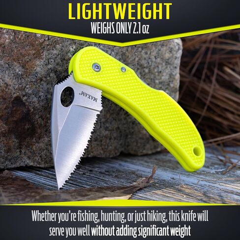 Maxam 3.3" Saltwater Knife - Rust-Proof German Stainless Steel Serrated Blade with Bright Yellow Handle, Reversible Pocket Clip, Lanyard Hole - Ideal for Salt & Fresh Water, Fishing Outdoor Use in Saudi Arabia