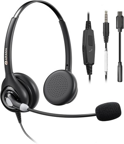 Arama Cell Phone Headset with Mic, 3.5mm Wired, USB-C Adapter | Answer Button, Noise Cancelling Mic, All-Day Comfort, Clear Voice Calls, iPhone, Andriod, Tablet, Zoom, Teams, Skype in Saudi Arabia