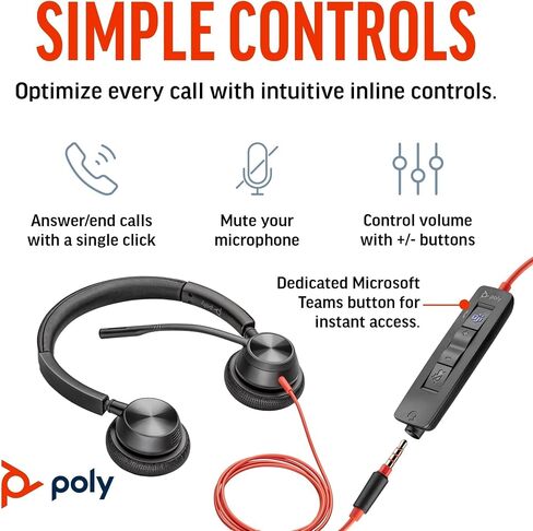 Poly Blackwire 3325 Wired Headset (Plantronics) – Flexible Microphone Boom – Hi-fi Stereo - PC/Mac/Mobile - Certified for Microsoft Teams - Amazon Exclusive in Kuwait