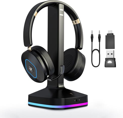 Bluetooth Headset with Microphone, Wireless Headset AI Noise Cancelling, Dual-Mode Bluetooth 6.0 & 2.4G Dongle, Wireless Headphones for 45H Work RGB/HUB Base, Meeting/Office/PC/Phone/Teams/Zoom in Saudi Arabia
