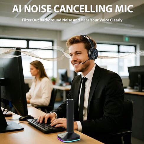 Bluetooth Headset with Microphone, Wireless Headset AI Noise Cancelling, Dual-Mode Bluetooth 6.0 & 2.4G Dongle, Wireless Headphones for 45H Work RGB/HUB Base, Meeting/Office/PC/Phone/Teams/Zoom in Saudi Arabia