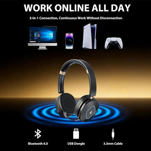 Bluetooth Headset with Microphone, Wireless Headset AI Noise Cancelling, Dual-Mode Bluetooth 6.0 & 2.4G Dongle, Wireless Headphones for 45H Work RGB/HUB Base, Meeting/Office/PC/Phone/Teams/Zoom in Saudi Arabia
