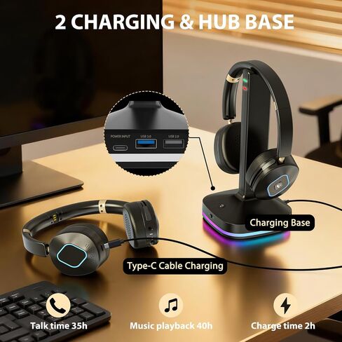 Bluetooth Headset with Microphone, Wireless Headset AI Noise Cancelling, Dual-Mode Bluetooth 6.0 & 2.4G Dongle, Wireless Headphones for 45H Work RGB/HUB Base, Meeting/Office/PC/Phone/Teams/Zoom in Saudi Arabia