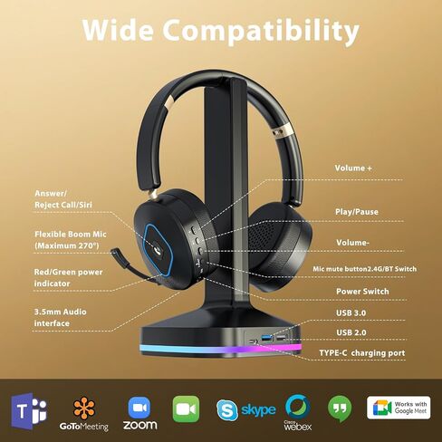 Bluetooth Headset with Microphone, Wireless Headset AI Noise Cancelling, Dual-Mode Bluetooth 6.0 & 2.4G Dongle, Wireless Headphones for 45H Work RGB/HUB Base, Meeting/Office/PC/Phone/Teams/Zoom in Saudi Arabia