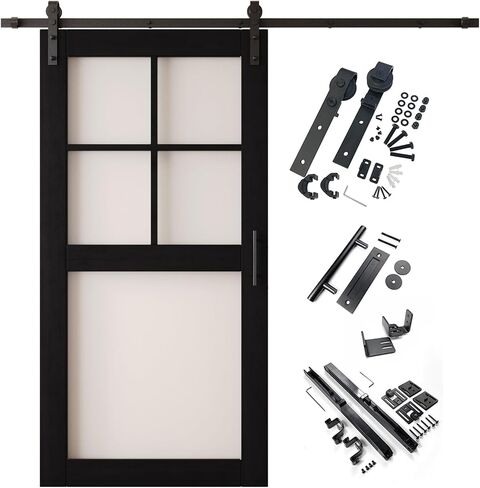 Black 40x80 5-Lite Frosted Glass Design Finished Unassembled Solid Wood Sliding Barn Door Only with 7ft Long Single Door Non-Bypass Hardware Kit (Interior Use Only) in Saudi Arabia
