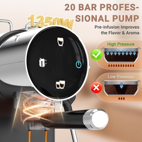 Ollygrin 20 Bar Espresso Coffee Machine, Semi-Automatic Espresso Machine with Touch Panel, 1350W Espresso Maker with Steam Wand, Removable Drip Tray & Water Tank, Modern Design for Latte & Cappuccino in Saudi Arabia