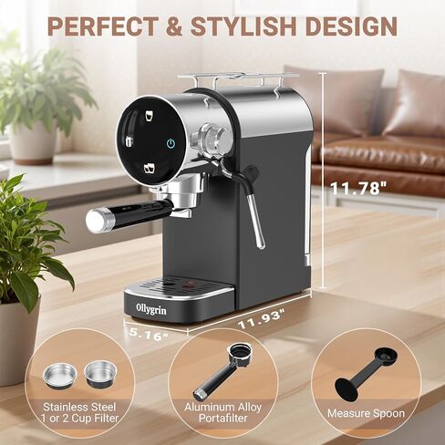 Ollygrin 20 Bar Espresso Coffee Machine, Semi-Automatic Espresso Machine with Touch Panel, 1350W Espresso Maker with Steam Wand, Removable Drip Tray & Water Tank, Modern Design for Latte & Cappuccino in Saudi Arabia