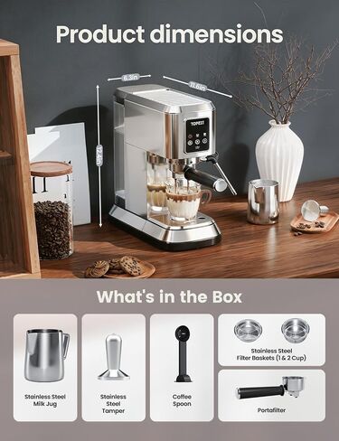 topzee Espresso Machine 20 Bar, Compact Coffee Maker with Milk Frother & Cold Brew Function, 52oz Removable Water Tank, Stainless Steel Cappuccino, Latte Maker (Silver Black) in Saudi Arabia