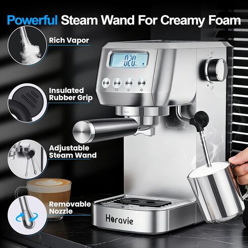 Horavie Ultra Espresso Machine with LCD Display, Espresso Maker with Powerful Milk Frother, Customizable Brewing Temperature, Professional Cappuccino & Latte Machine, Gift for Men & Women in Saudi Arabia