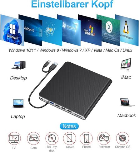 محرك أقراص DVD خارجي للكمبيوتر المحمول USB 3.0 USB C CD Burner محرك أقراص DVD خارجي محمول CD ROM ناسخ قارئ محرك أقراص DVD خارجي لأجهزة الكمبيوتر المحمول وأجهزة الكمبيوتر المكتبية Windows 11/10/8/7 MacBook Mac OS Linux in Kuwait