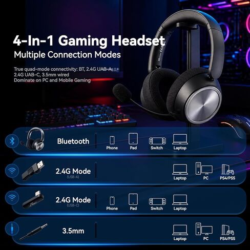 Wireless Gaming Headset with Mic Over Ear Headphones Noise Cancelling | 13Ms Latency,110H Battery,4-in-1 Connection,Foldable,Black Bluetooth Headset Headphones for PS5,Xbox,PC,PS4,Mac,Switch,Mobile in Saudi Arabia