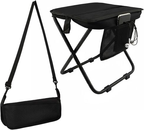 12" Portable Collapsible Stool - Folding Chair with Side Storage Pockets 2-in-1 Convertible Satchel for Hands-Free & Supports 265Lbs, Ultralight for Hiking, Fishing, Camping, Festivals (Black) in Saudi Arabia