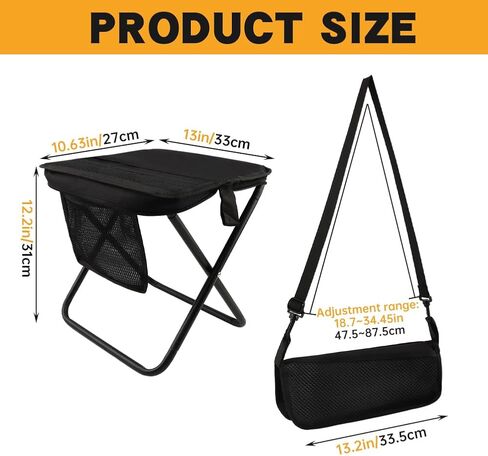 12" Portable Collapsible Stool - Folding Chair with Side Storage Pockets 2-in-1 Convertible Satchel for Hands-Free & Supports 265Lbs, Ultralight for Hiking, Fishing, Camping, Festivals (Black) in Saudi Arabia