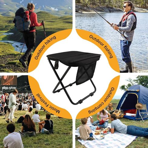 12" Portable Collapsible Stool - Folding Chair with Side Storage Pockets 2-in-1 Convertible Satchel for Hands-Free & Supports 265Lbs, Ultralight for Hiking, Fishing, Camping, Festivals (Black) in Saudi Arabia