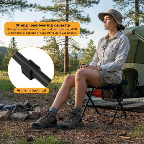 12" Portable Collapsible Stool - Folding Chair with Side Storage Pockets 2-in-1 Convertible Satchel for Hands-Free & Supports 265Lbs, Ultralight for Hiking, Fishing, Camping, Festivals (Black) in Saudi Arabia