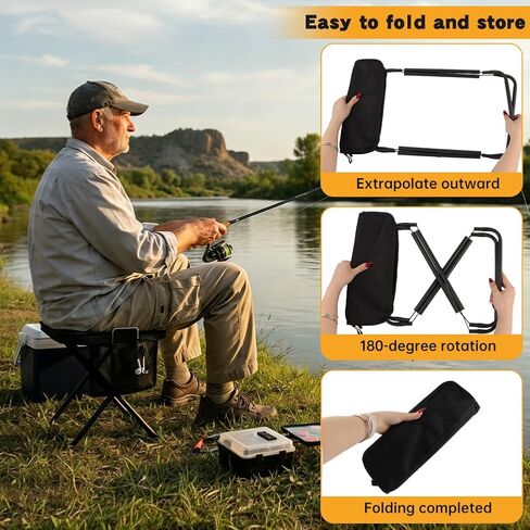 12" Portable Collapsible Stool - Folding Chair with Side Storage Pockets 2-in-1 Convertible Satchel for Hands-Free & Supports 265Lbs, Ultralight for Hiking, Fishing, Camping, Festivals (Black) in Saudi Arabia