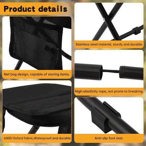 12" Portable Collapsible Stool - Folding Chair with Side Storage Pockets 2-in-1 Convertible Satchel for Hands-Free & Supports 265Lbs, Ultralight for Hiking, Fishing, Camping, Festivals (Black) in Saudi Arabia
