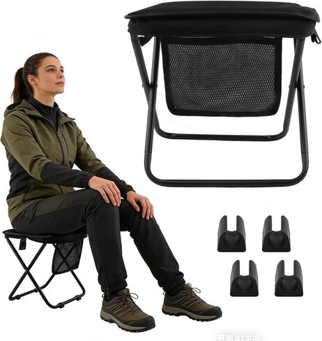 12" Portable Collapsible Stool - Folding Chair with Side Storage Pockets 2-in-1 Convertible Satchel for Hands-Free & Supports 265Lbs, Ultralight for Hiking, Fishing, Camping, Festivals (Black) in Saudi Arabia