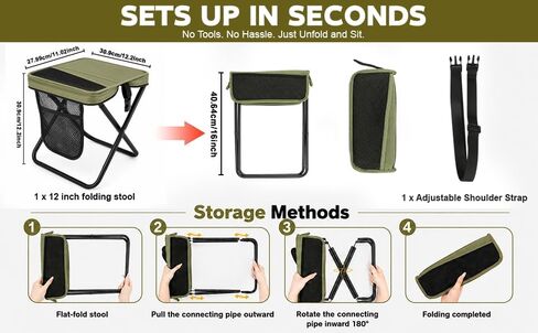 Take a Seat Anywhere! This 16" Folding Stool Holds 400 lbs – Lightweight & Collapsible with 3 Side Pockets & Shoulder Strap, Perfect Portable Chair for Hiking, Fishing, Camping (Green) in Saudi Arabia