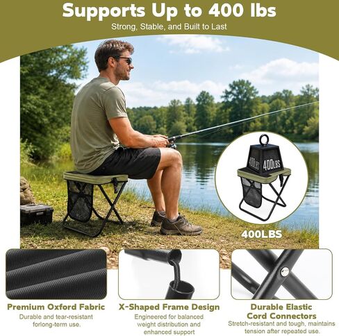 Take a Seat Anywhere! This 16" Folding Stool Holds 400 lbs – Lightweight & Collapsible with 3 Side Pockets & Shoulder Strap, Perfect Portable Chair for Hiking, Fishing, Camping (Green) in Saudi Arabia